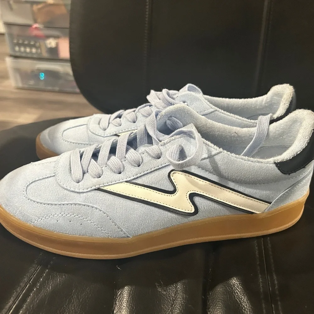 Madden Girl Light Blue Suede Sneakers with Cream Stripe and Gum Sole - Picture 4 of 12